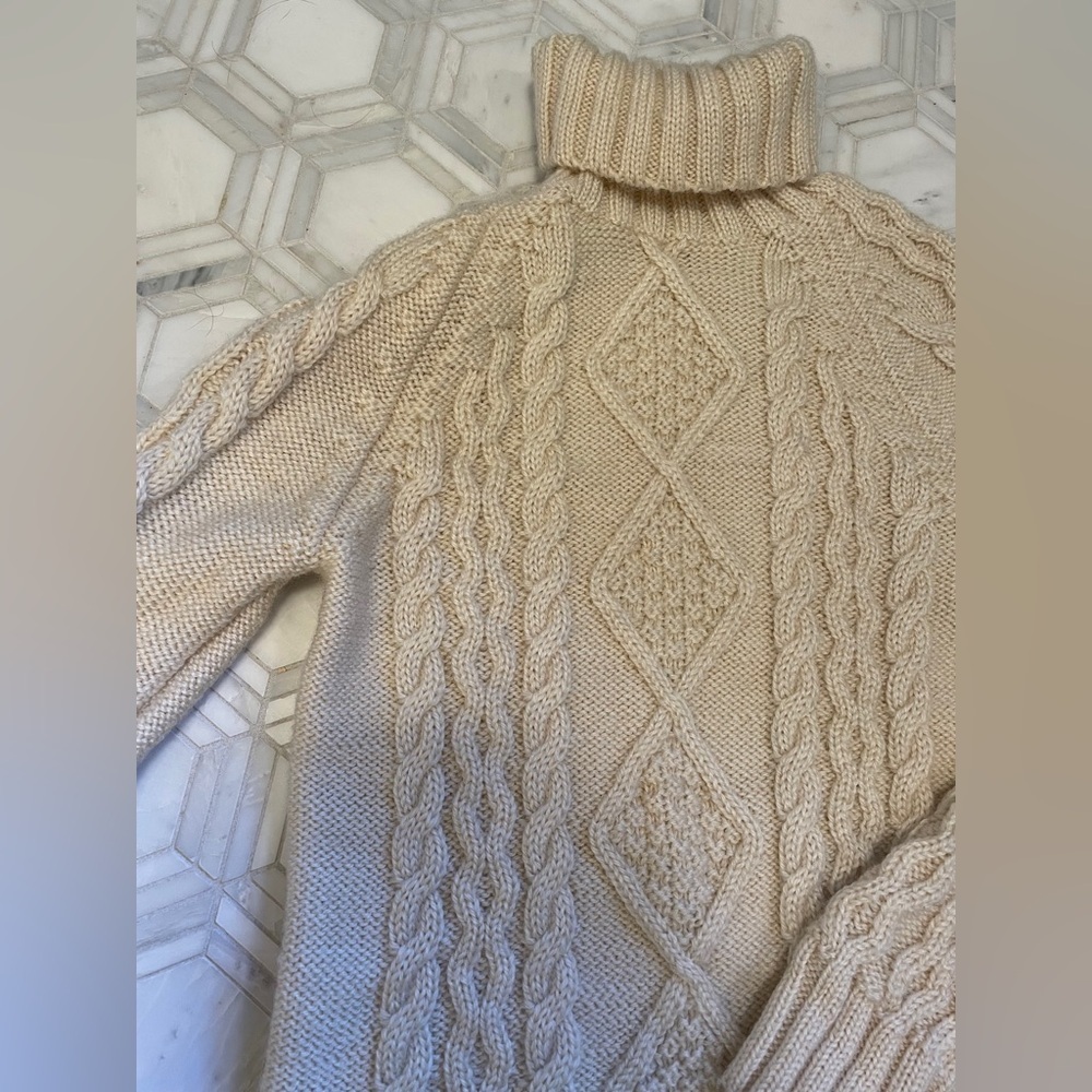 WoolOvers Oversized Turtleneck Aran Cable Knit Chunky Cozy Fisherman Sweater - Picture 2 of 6